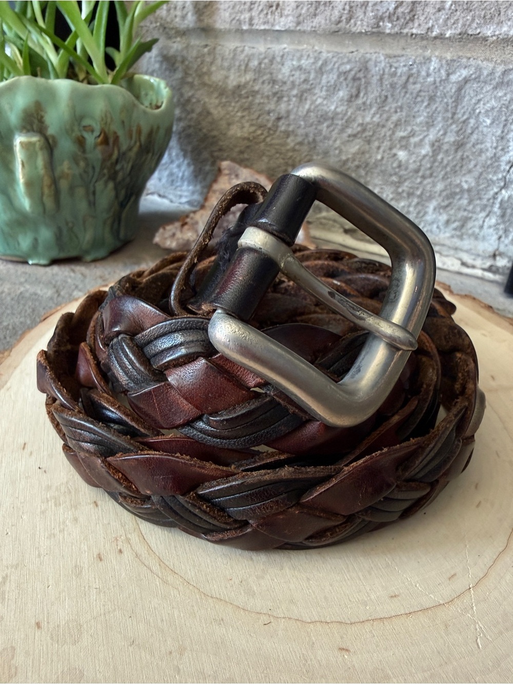 Classic Vintage Brown and Black
Woven Braided Leather Belt with Silver Buckle